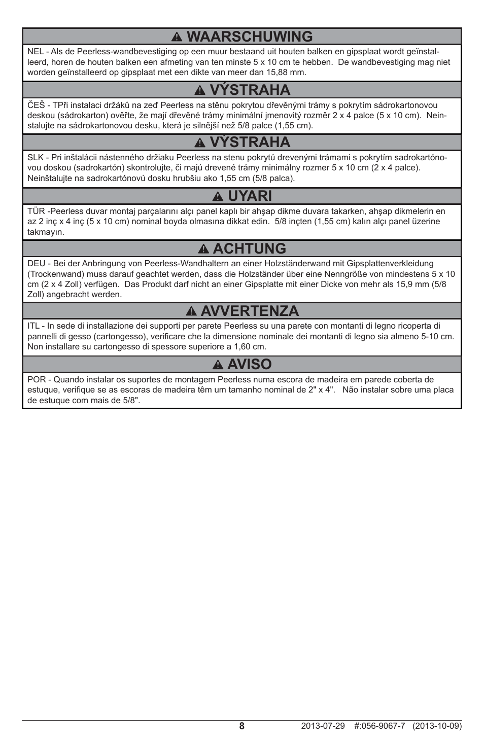 Achtung, Avvertenza, Aviso | Výstraha, Uyari, Waarschuwing | Peerless-AV PSTA-600 - Installation User Manual | Page 8 / 28