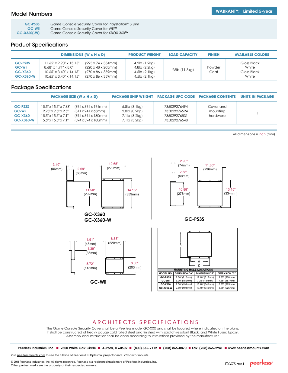 Package specifications, Product specifications model numbers, Warranty: limited 5-year | Peerless-AV GC-WII  - Sell Sheet User Manual | Page 2 / 2