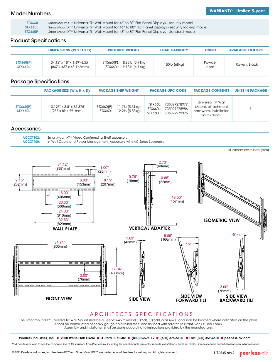 Package specifications accessories, Product specifications model numbers, Front view isometric view | Side view, Side view forward tilt side view backward tilt, Vertical adapter | Peerless-AV STX660  - Sell Sheet User Manual | Page 2 / 2