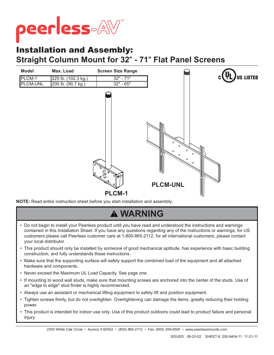 Peerless-AV PLCM-1 - Installation User Manual | 9 pages