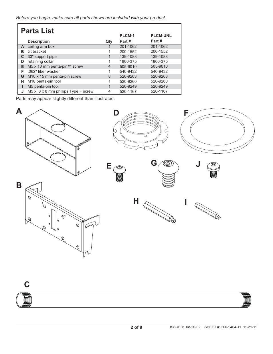 Df a b c, Gj e h i, Parts list | Peerless-AV PLCM-1 - Installation User Manual | Page 2 / 9