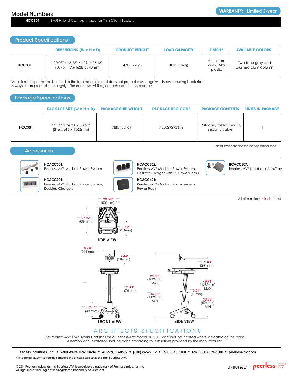 Model numbers, Package specifications, Product specifications | Accessories, Warranty: limited 5-year | Peerless-AV HCC301  - Sell Sheet User Manual | Page 2 / 2