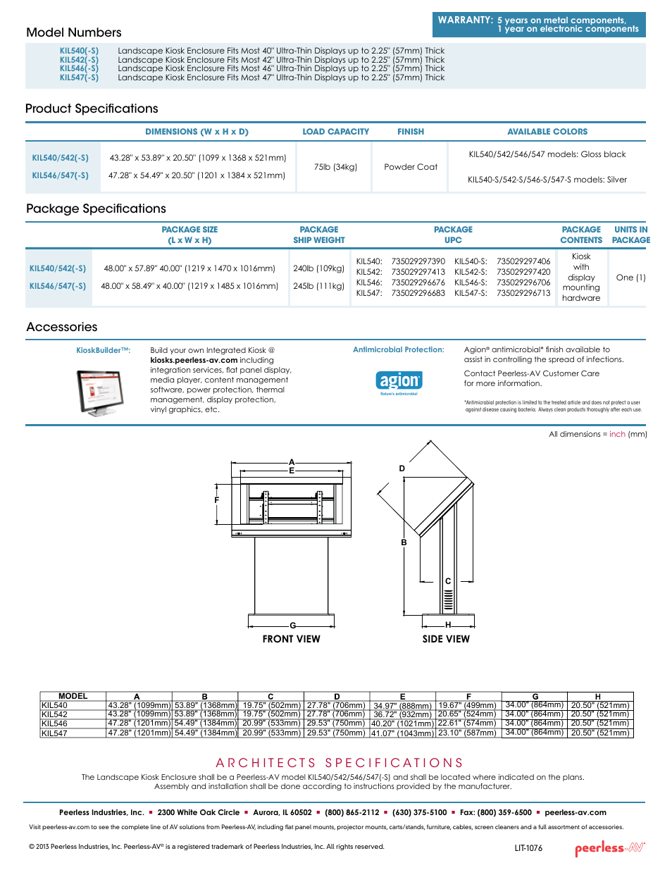 Product specifications model numbers, Package specifications accessories | Peerless-AV KIL547-S  - Sell Sheet User Manual | Page 2 / 2