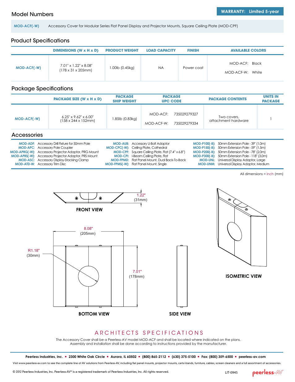 Package specifications, Product specifications model numbers, Accessories | Peerless-AV MOD-ACF-W  - Sell Sheet User Manual | Page 2 / 2