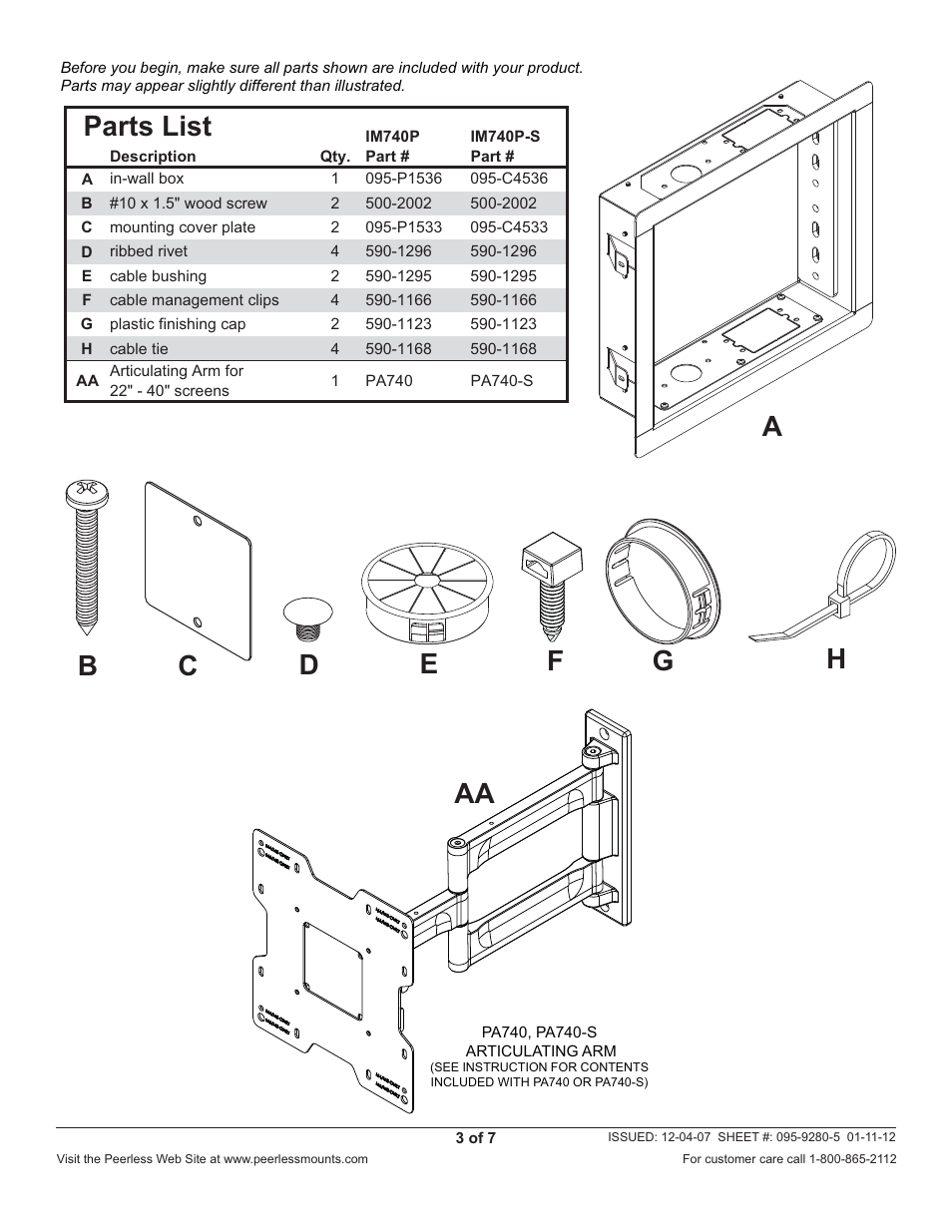 Parts list | Peerless-AV IM740P-S - Installation User Manual | Page 3 / 7