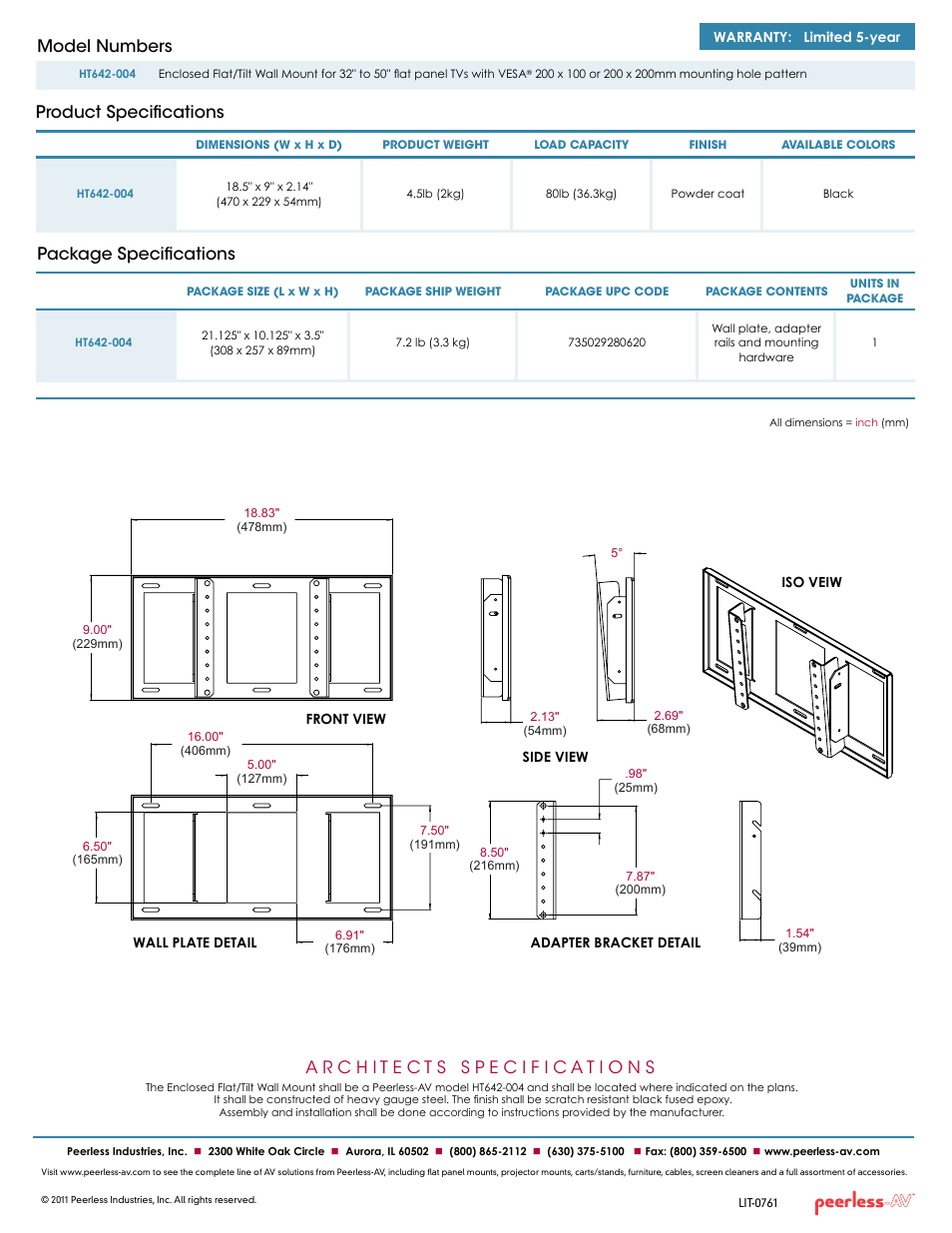 Package specifications, Product specifications model numbers | Peerless-AV HT642-004  - Sell Sheet User Manual | Page 2 / 2