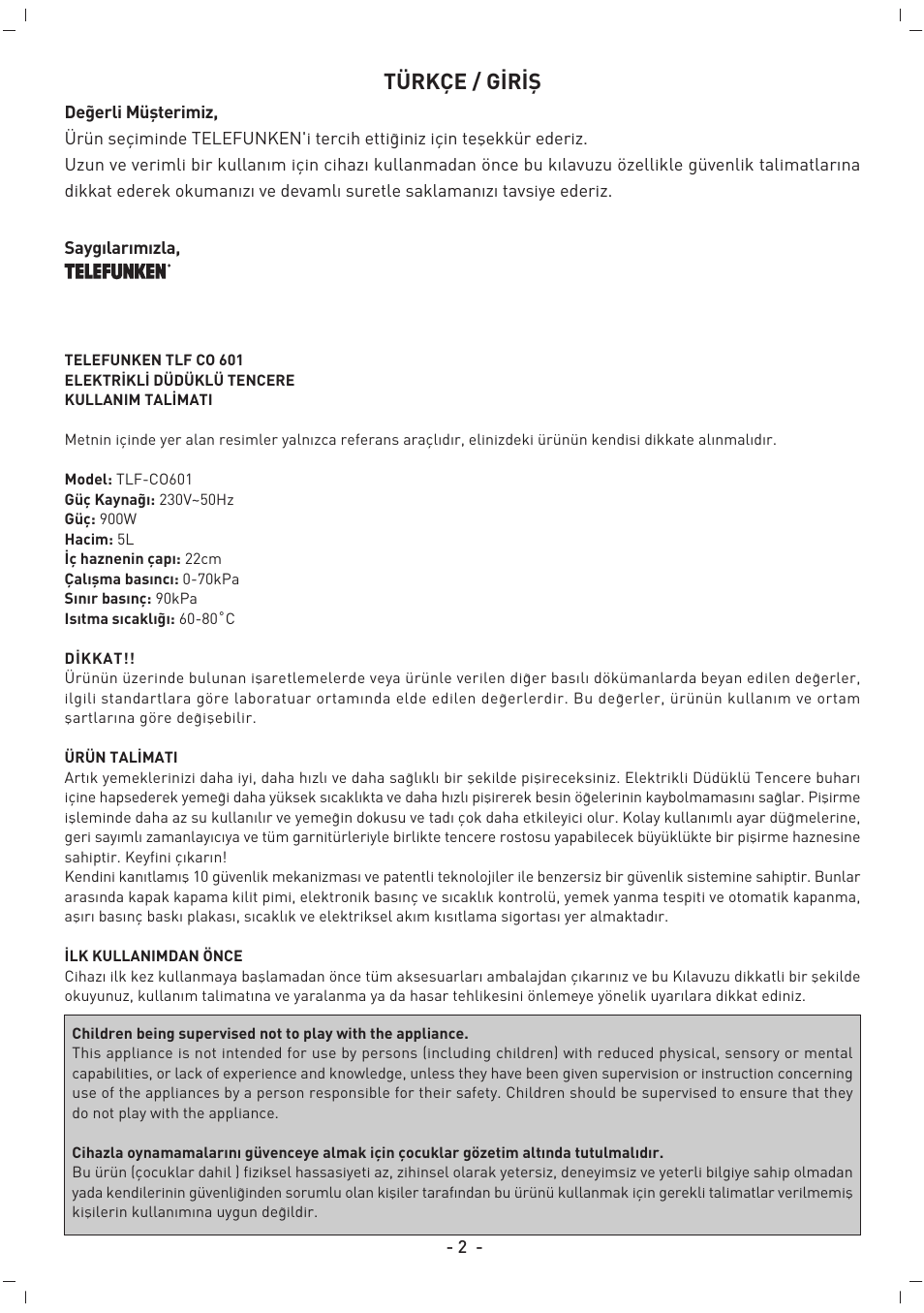 Türkçe / g‹r‹fi | TELEFUNKEN TLF CO 601 User Manual | Page 3 / 45