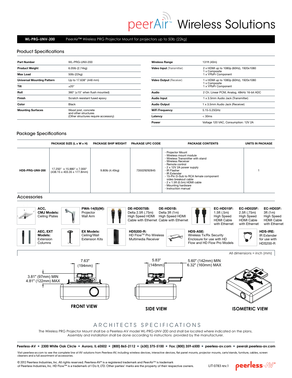 Wireless solutions, Product specifications, Package specifications accessories | Front view side view isometric view | Peerless-AV WL-PRG-UNV-200  - Sell Sheet User Manual | Page 2 / 2