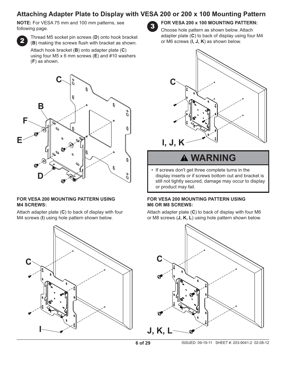 Warning, Fb c e d, Ij, k, l | Ci, j, k c | Peerless-AV SF632-AW - Installation User Manual | Page 6 / 29