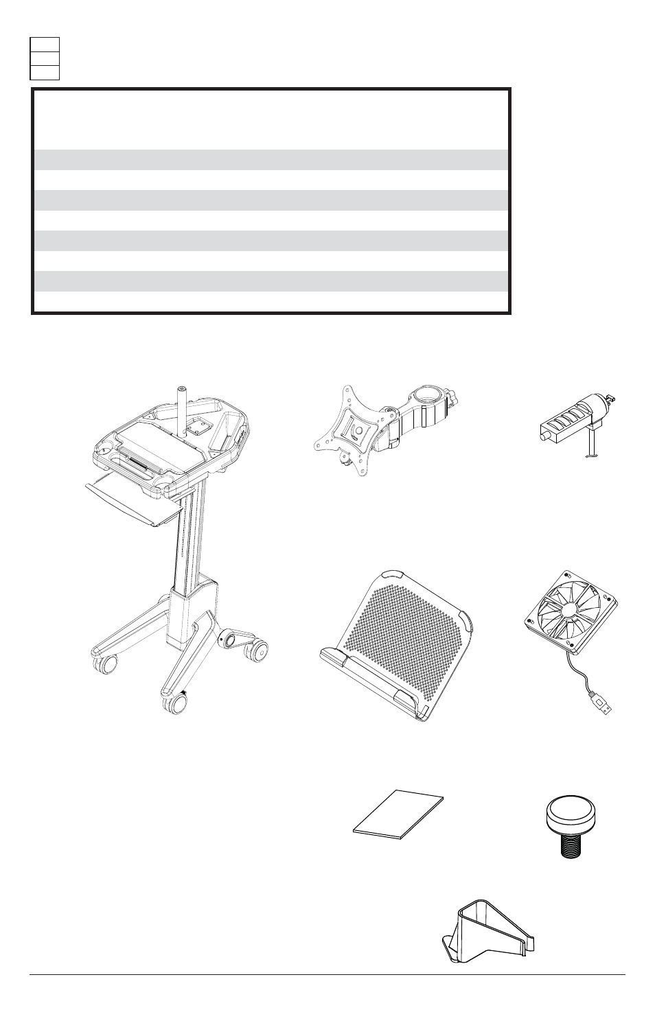 Parts list, A (1), H (1) | C (1), G (4), E (1), F (2), D (1), B (1) | Peerless-AV HCC101 - Installation User Manual | Page 5 / 12