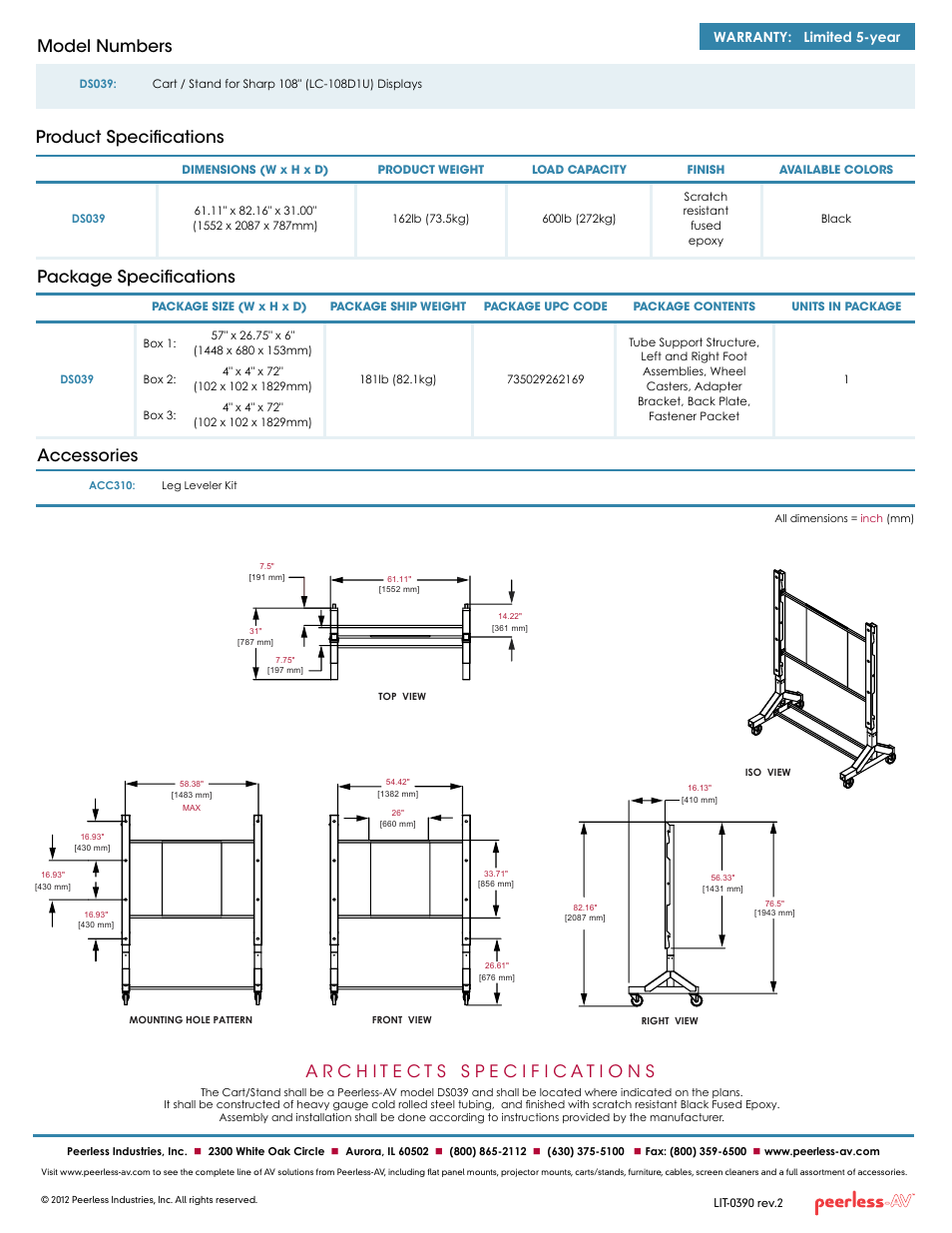Package specifications accessories, Product specifications model numbers, Warranty: limited 5-year | Peerless-AV DS039  - Sell Sheet User Manual | Page 2 / 2