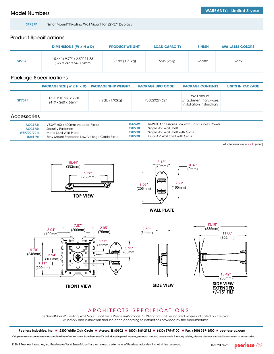 Package specifications accessories, Product specifications model numbers | Peerless-AV SP737P  - Sell Sheet User Manual | Page 2 / 2
