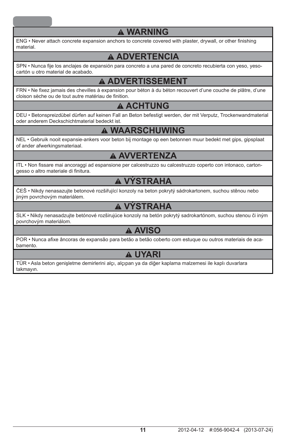 Warning, Waarschuwing advertissement, Advertencia | Achtung, Uyari, Výstraha, Avvertenza, Aviso | Peerless-AV PRSS-UNV-W - Installation User Manual | Page 11 / 24