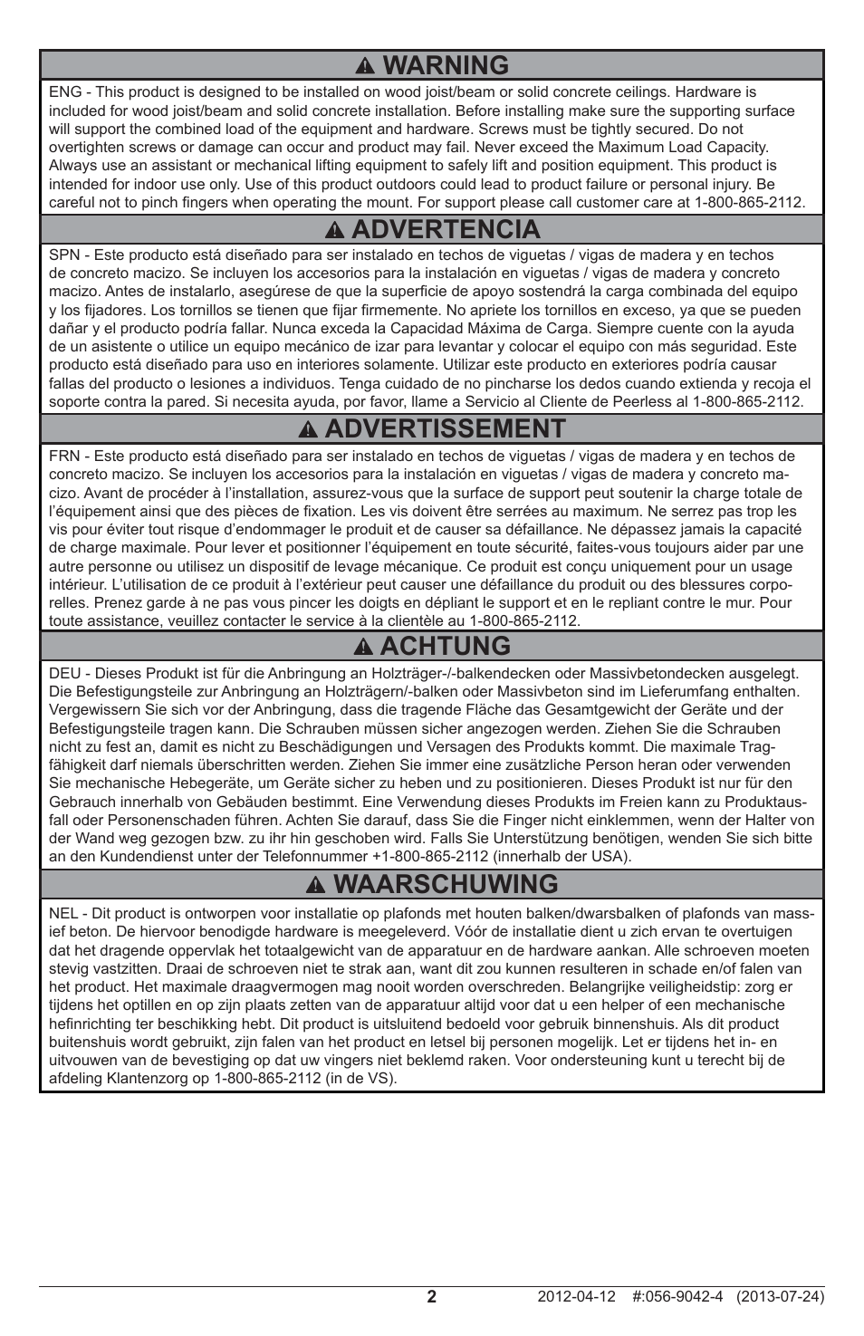 Warning, Advertencia advertissement, Achtung | Waarschuwing | Peerless-AV PRSS-UNV-W - Installation User Manual | Page 2 / 24