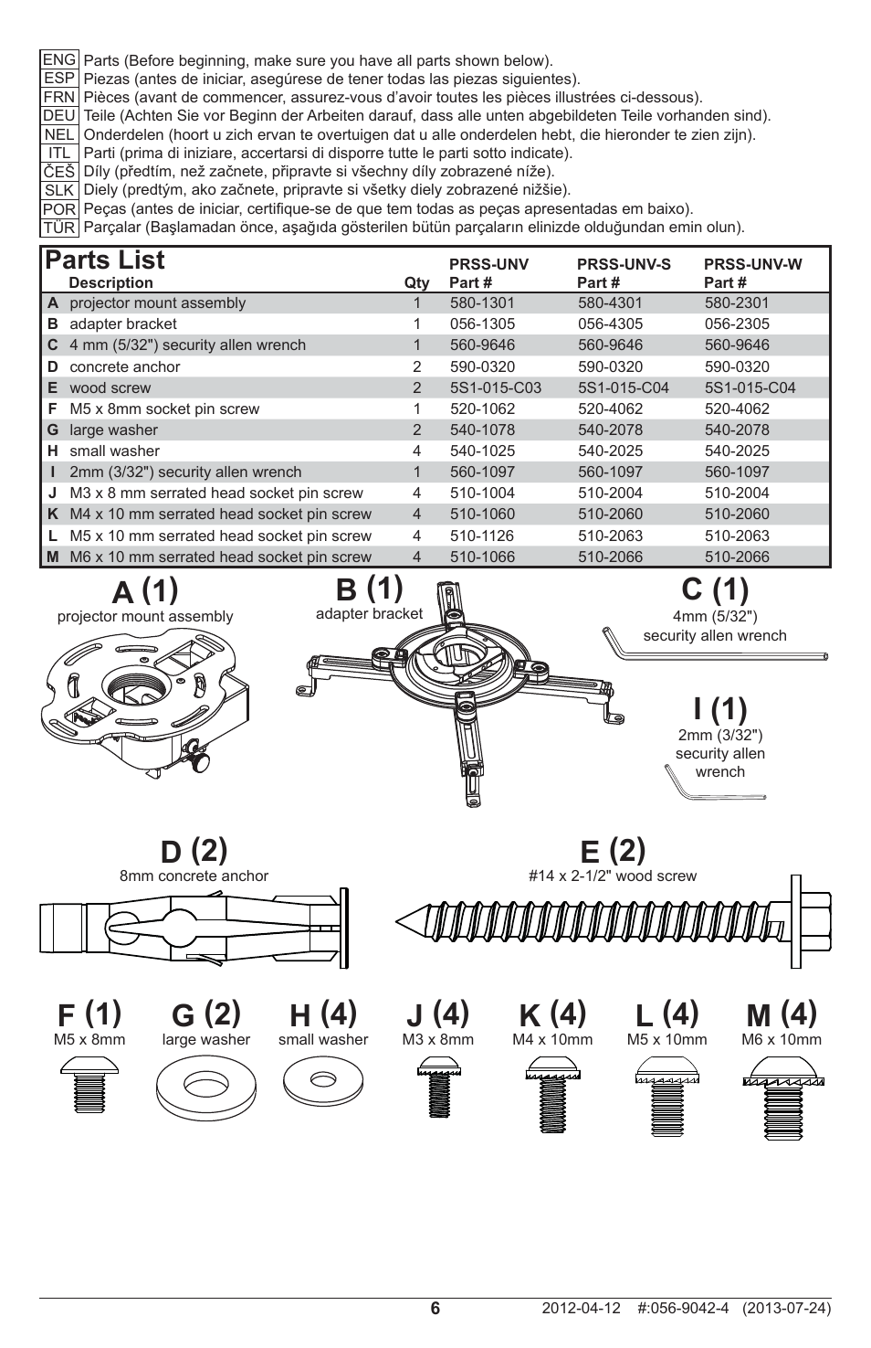 A (1), B (1), D (2) | E (2), G (2), H (4), F (1), J (4), K (4), L (4) | Peerless-AV PRSS-UNV-W - Installation User Manual | Page 6 / 24