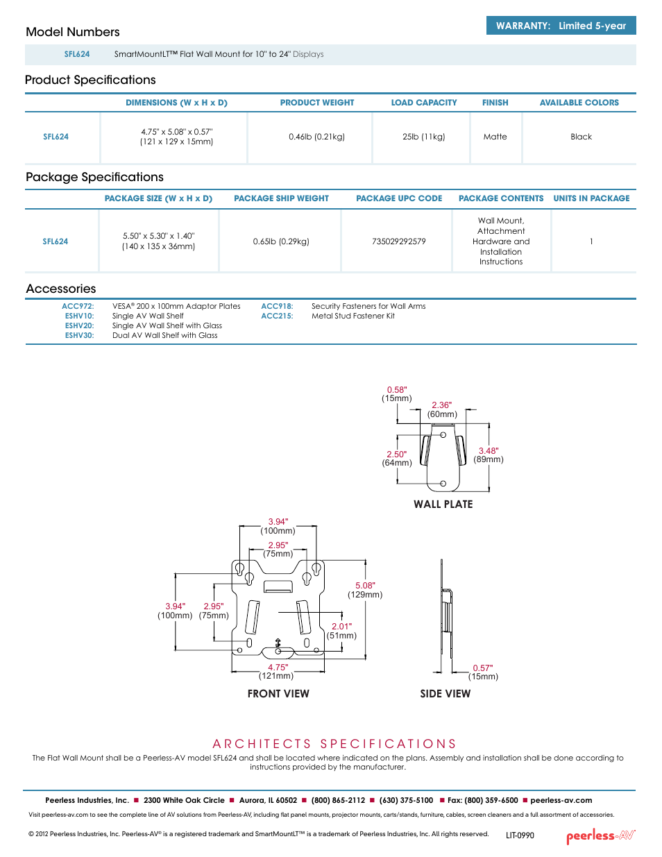 Package specifications accessories, Product specifications model numbers, Front view wall plate side view | Peerless-AV SFL624  - Sell Sheet User Manual | Page 2 / 2