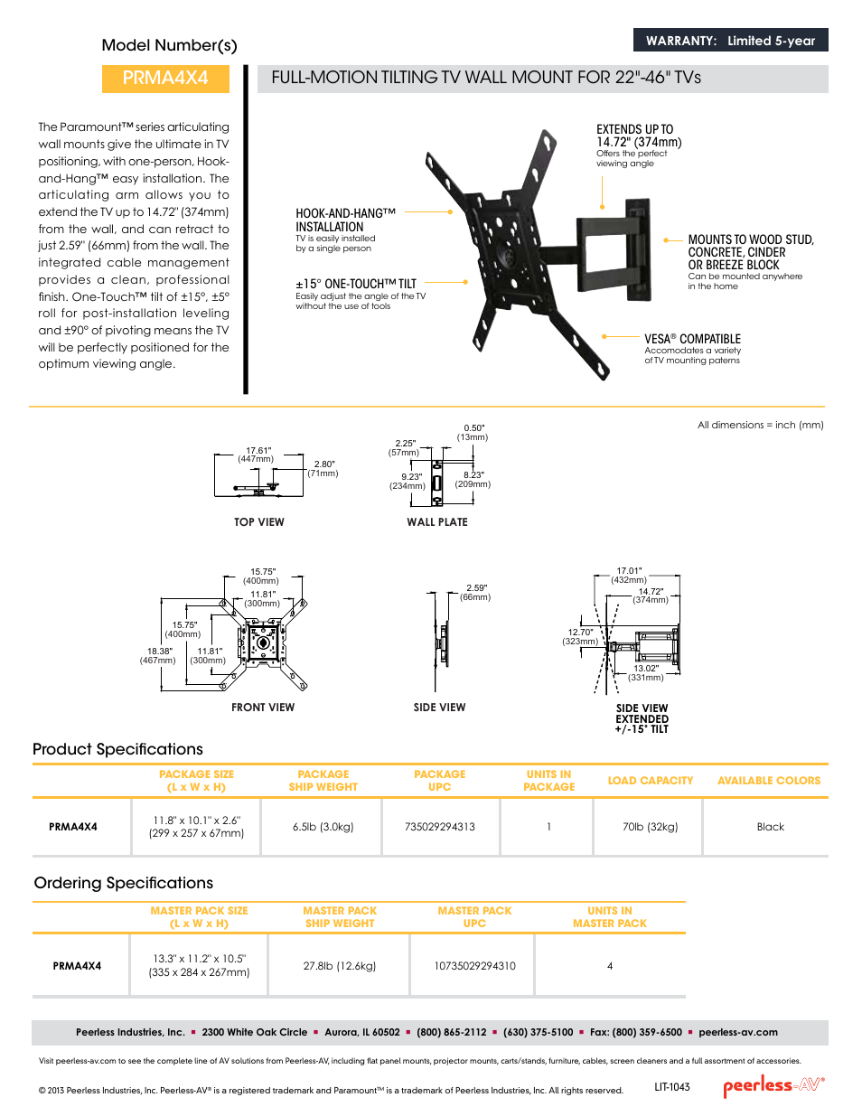 Prma4x4, Full-motion tilting tv wall mount for 22"-46" tvs, Model number(s) | Ordering specifications, Product specifications | Peerless-AV PRMA4X4  - Sell Sheet User Manual | Page 2 / 2