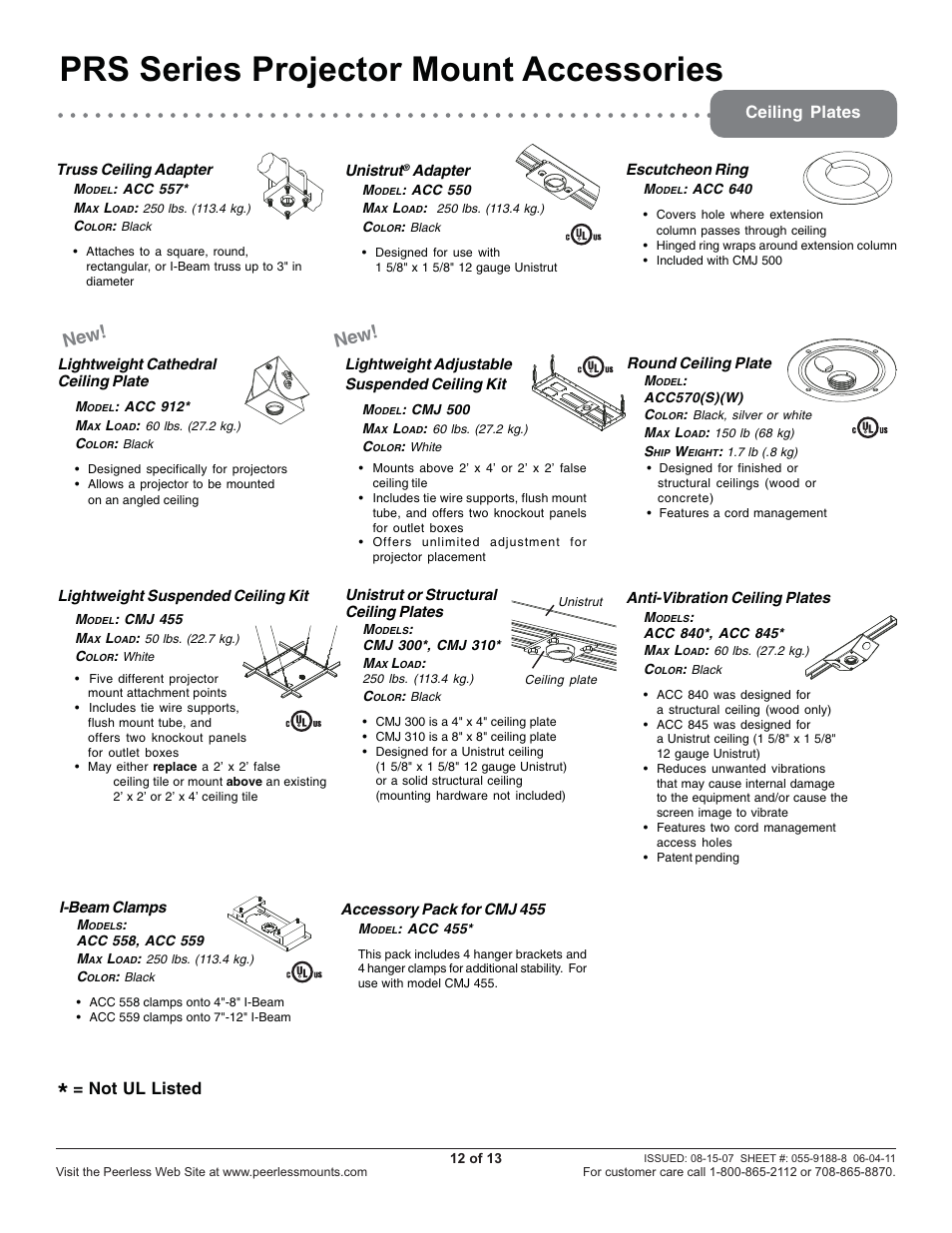 Prs series projector mount accessories, Ceiling plates, Not ul listed | Peerless-AV PRS45 - Installation User Manual | Page 12 / 13