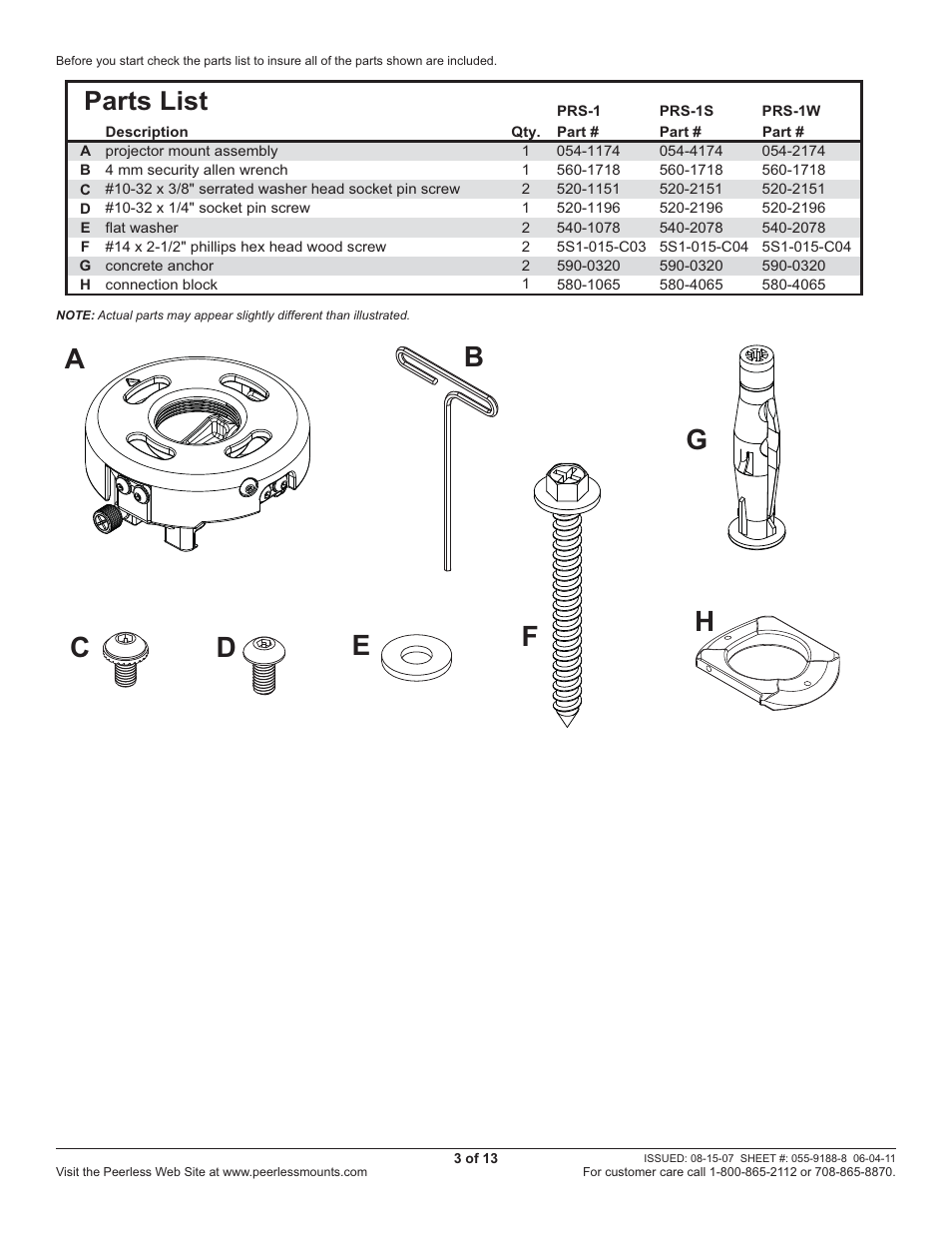 Parts list | Peerless-AV PRS45 - Installation User Manual | Page 3 / 13