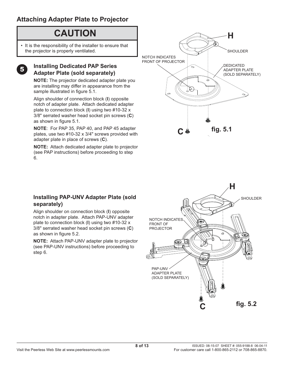 Caution, 5attaching adapter plate to projector, FI g. 5.1 ﬁ g. 5.2 | Peerless-AV PRS45 - Installation User Manual | Page 8 / 13
