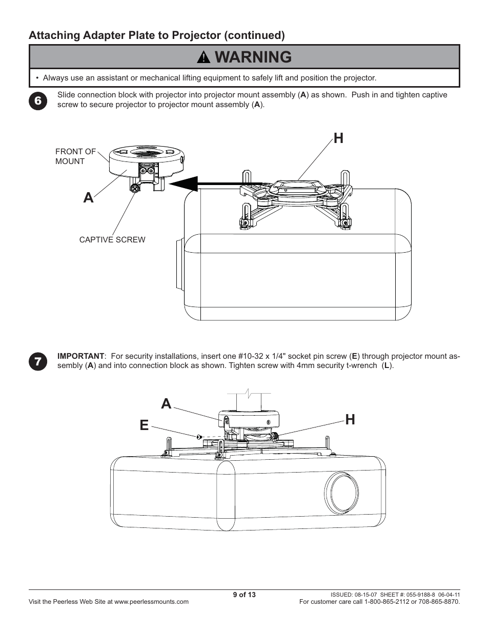 Warning, Ah h | Peerless-AV PRS45 - Installation User Manual | Page 9 / 13