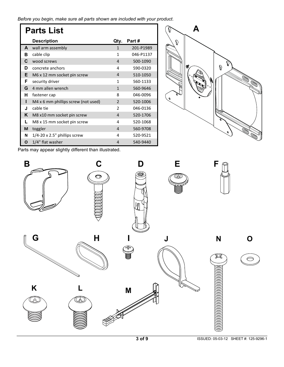 Cd e f, Parts list, Kl m n | Peerless-AV SUA751H - Installation User Manual | Page 3 / 9
