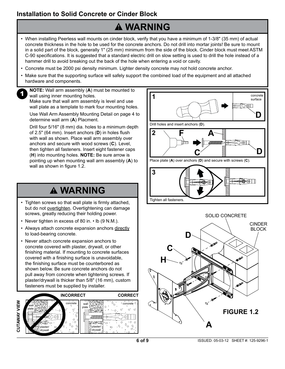 Warning, Ch a d, Da c | Installation to solid concrete or cinder block, Figure 1.2 | Peerless-AV SUA751H - Installation User Manual | Page 6 / 9