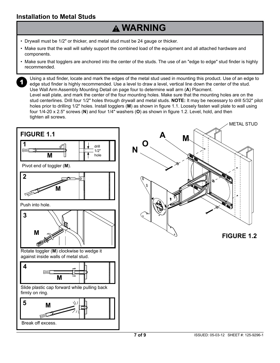 Warning, Am n o | Peerless-AV SUA751H - Installation User Manual | Page 7 / 9