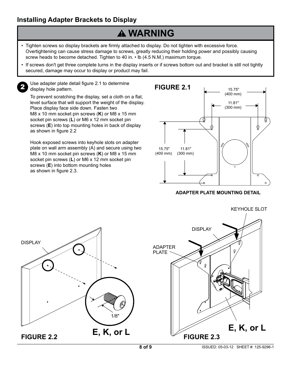 Warning, E, k, or l, Figure 2.2 figure 2.3 | Peerless-AV SUA751H - Installation User Manual | Page 8 / 9