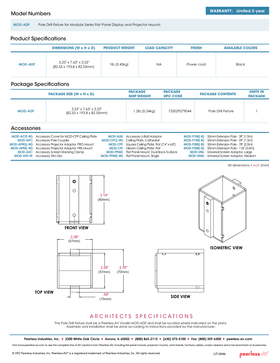 Package specifications, Product specifications model numbers, Accessories | Peerless-AV MOD-ADF  - Sell Sheet User Manual | Page 2 / 2