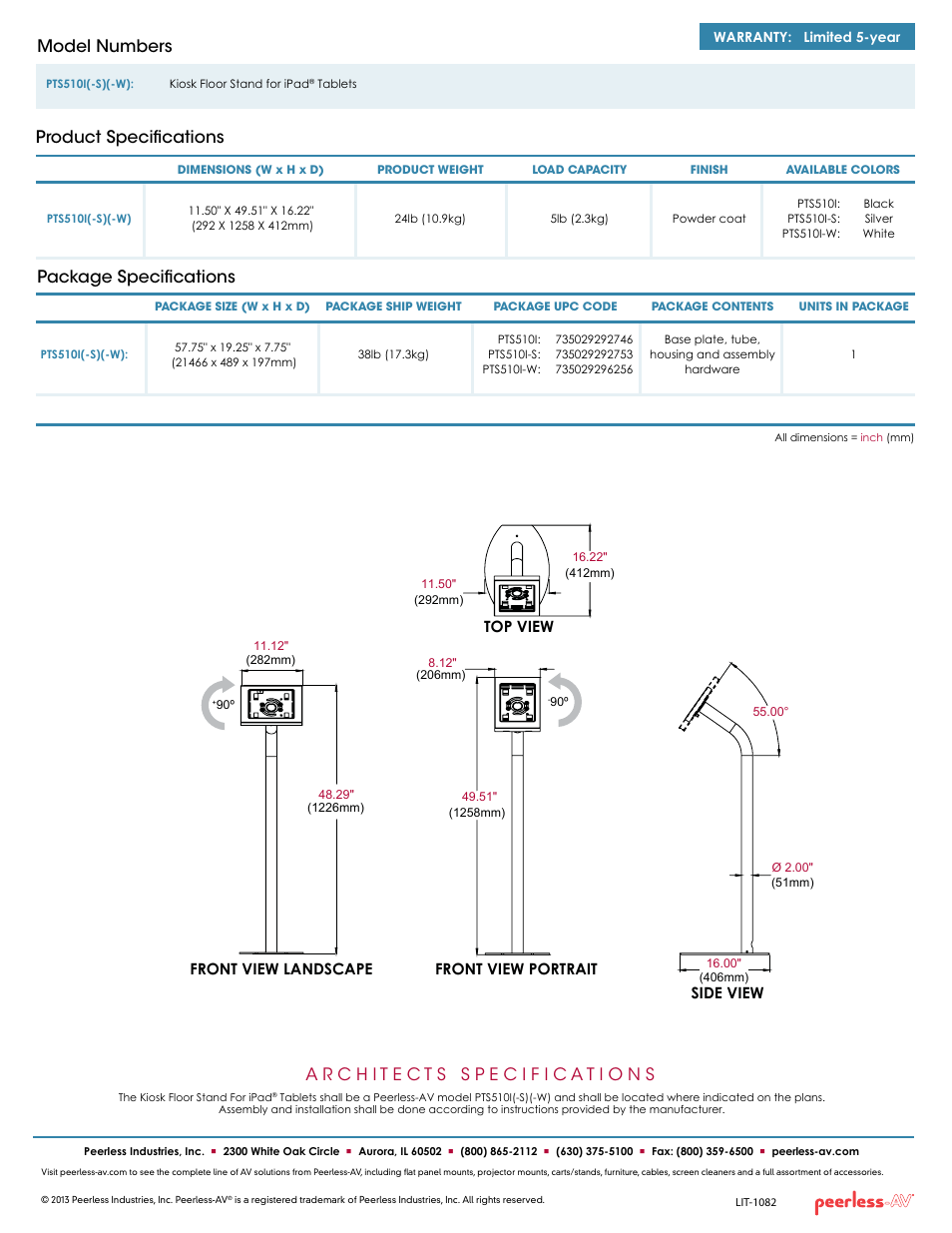 Package specifications, Product specifications model numbers | Peerless-AV PTS510I-W  - Sell Sheet User Manual | Page 2 / 2