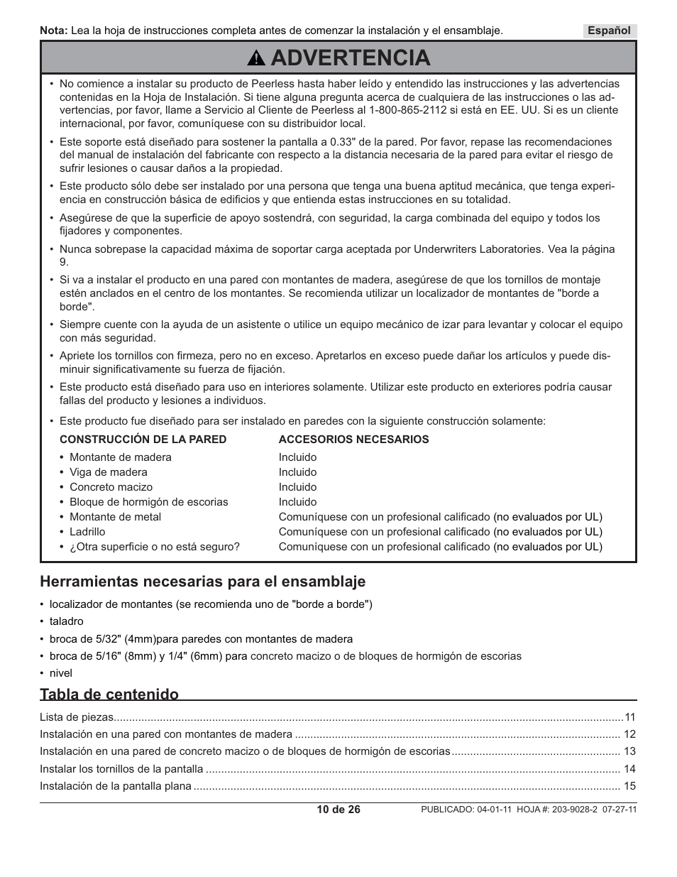 Advertencia, Tabla de centenido, Herramientas necesarias para el ensamblaje | Peerless-AV SUF651 - Installation User Manual | Page 10 / 26