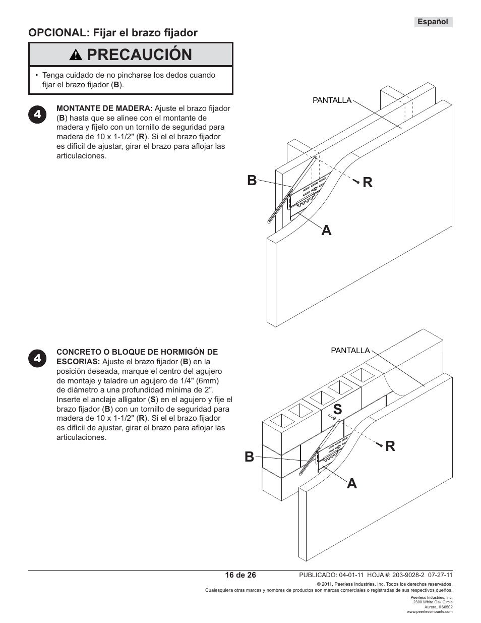Precaución | Peerless-AV SUF651 - Installation User Manual | Page 16 / 26