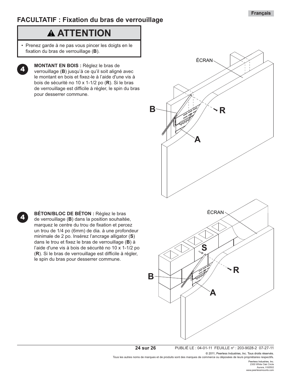 Attention, Facultatif : fixation du bras de verrouillage | Peerless-AV SUF651 - Installation User Manual | Page 24 / 26