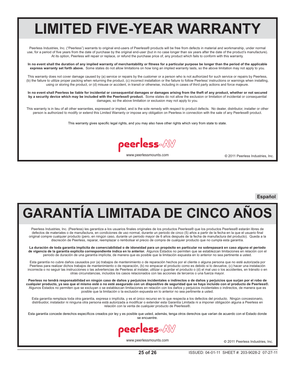 Limited five-year warranty, Garantía limitada de cinco años | Peerless-AV SUF651 - Installation User Manual | Page 25 / 26