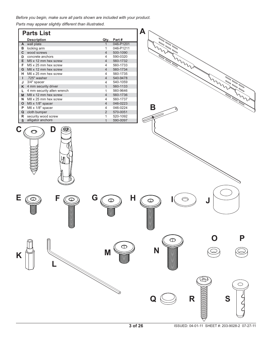 Mn o p l, Bq r s, Parts list | Peerless-AV SUF651 - Installation User Manual | Page 3 / 26
