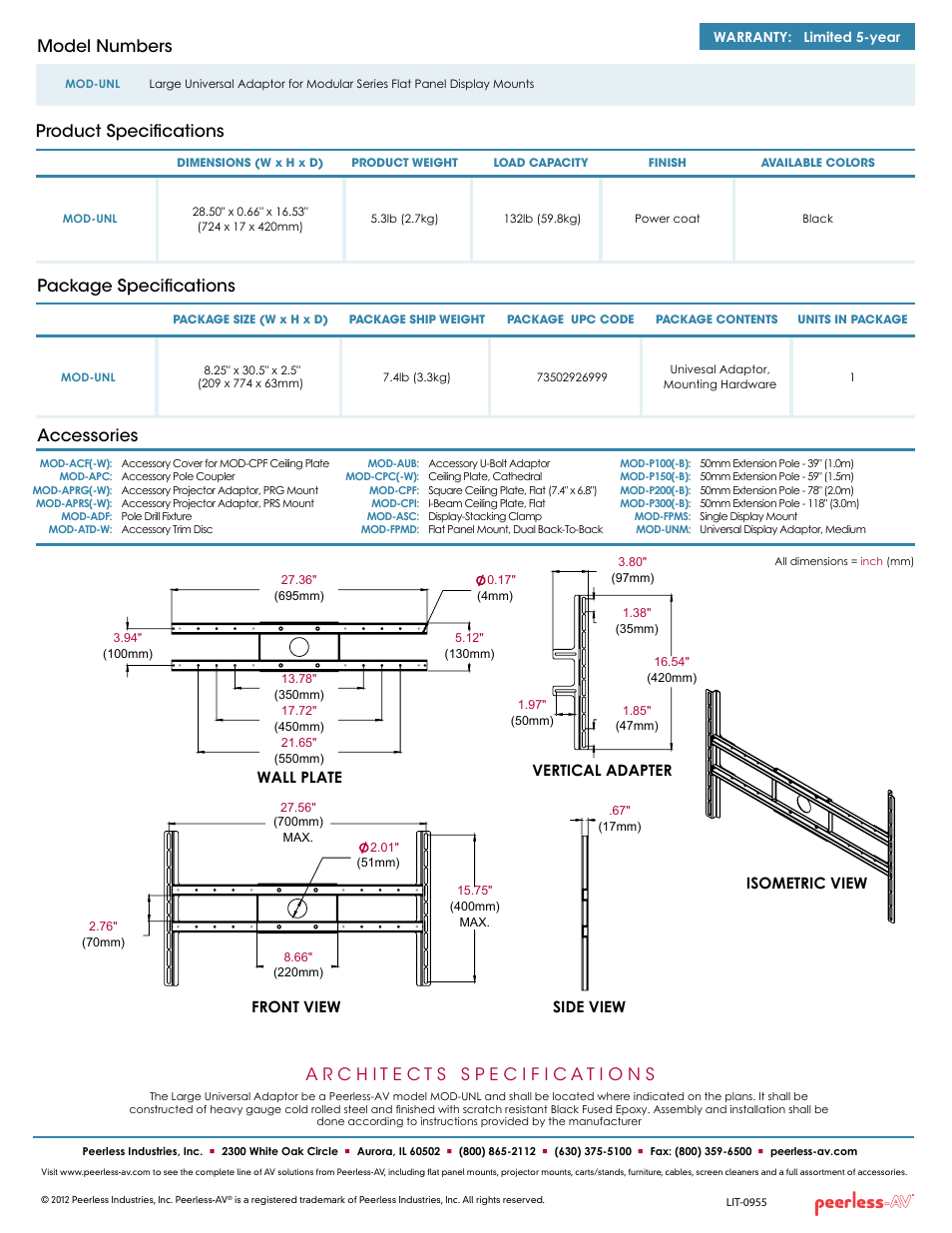 Package specifications, Product specifications model numbers, Accessories | Peerless-AV MOD-UNL  - Sell Sheet User Manual | Page 2 / 2