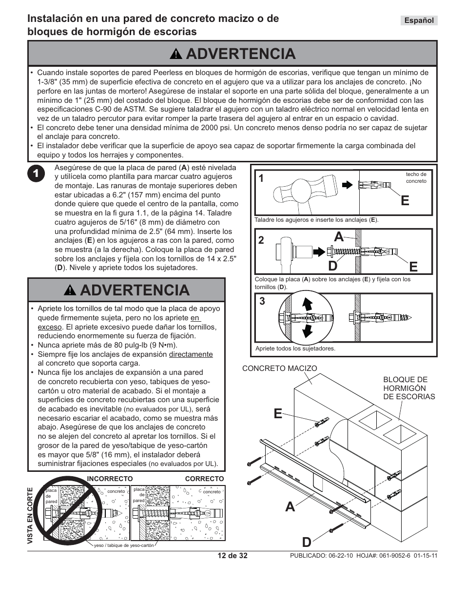 Advertencia, Ad e, Ae d | Peerless-AV EWMU-S - Installation User Manual | Page 12 / 32