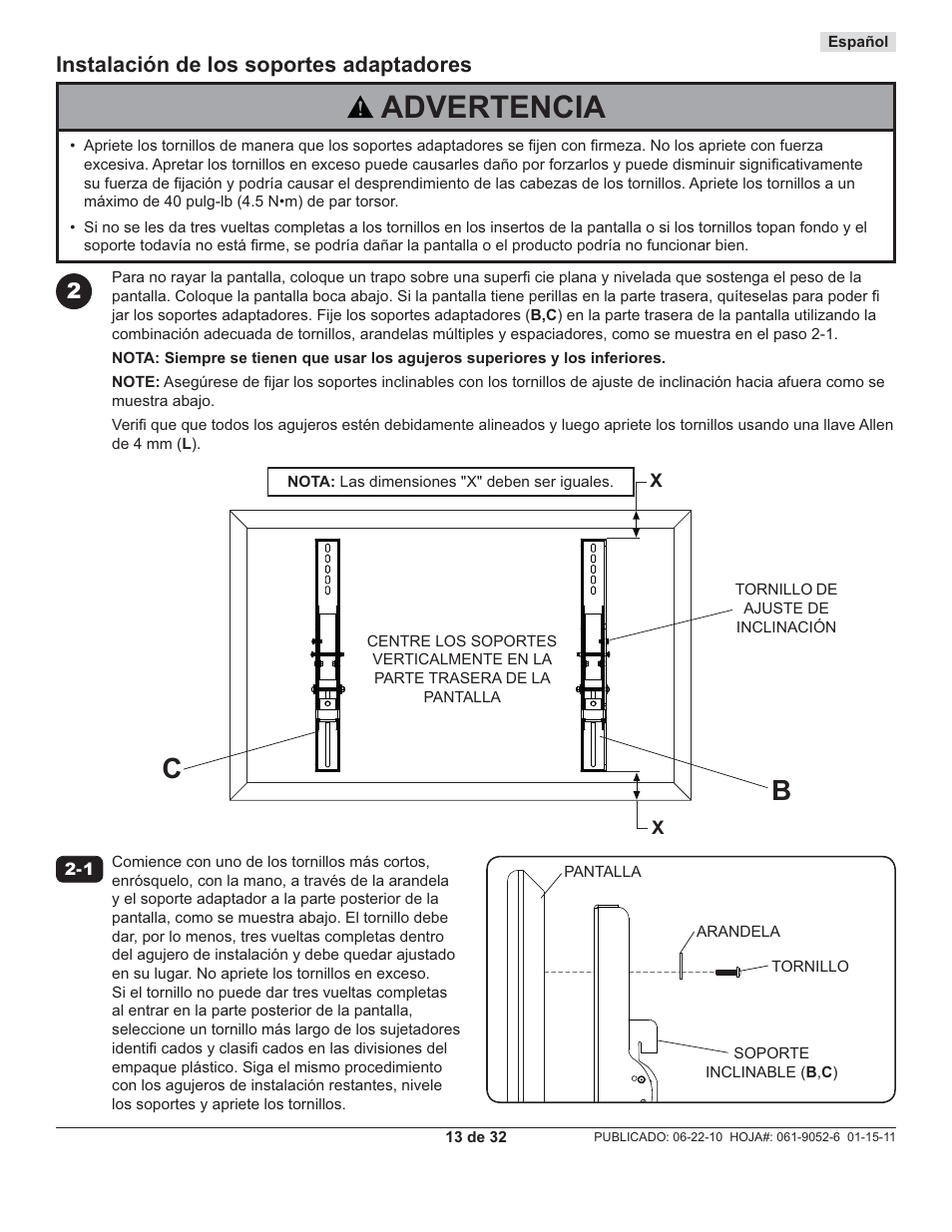 Advertencia, Instalación de los soportes adaptadores | Peerless-AV EWMU-S - Installation User Manual | Page 13 / 32