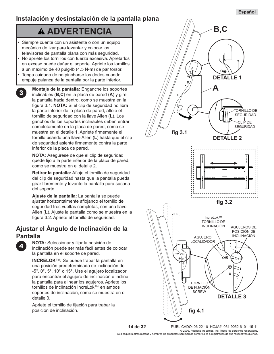Advertencia, Ab,c, Ajustar el ángulo de inclinación de la pantalla | Instalación y desinstalación de la pantalla plana | Peerless-AV EWMU-S - Installation User Manual | Page 14 / 32