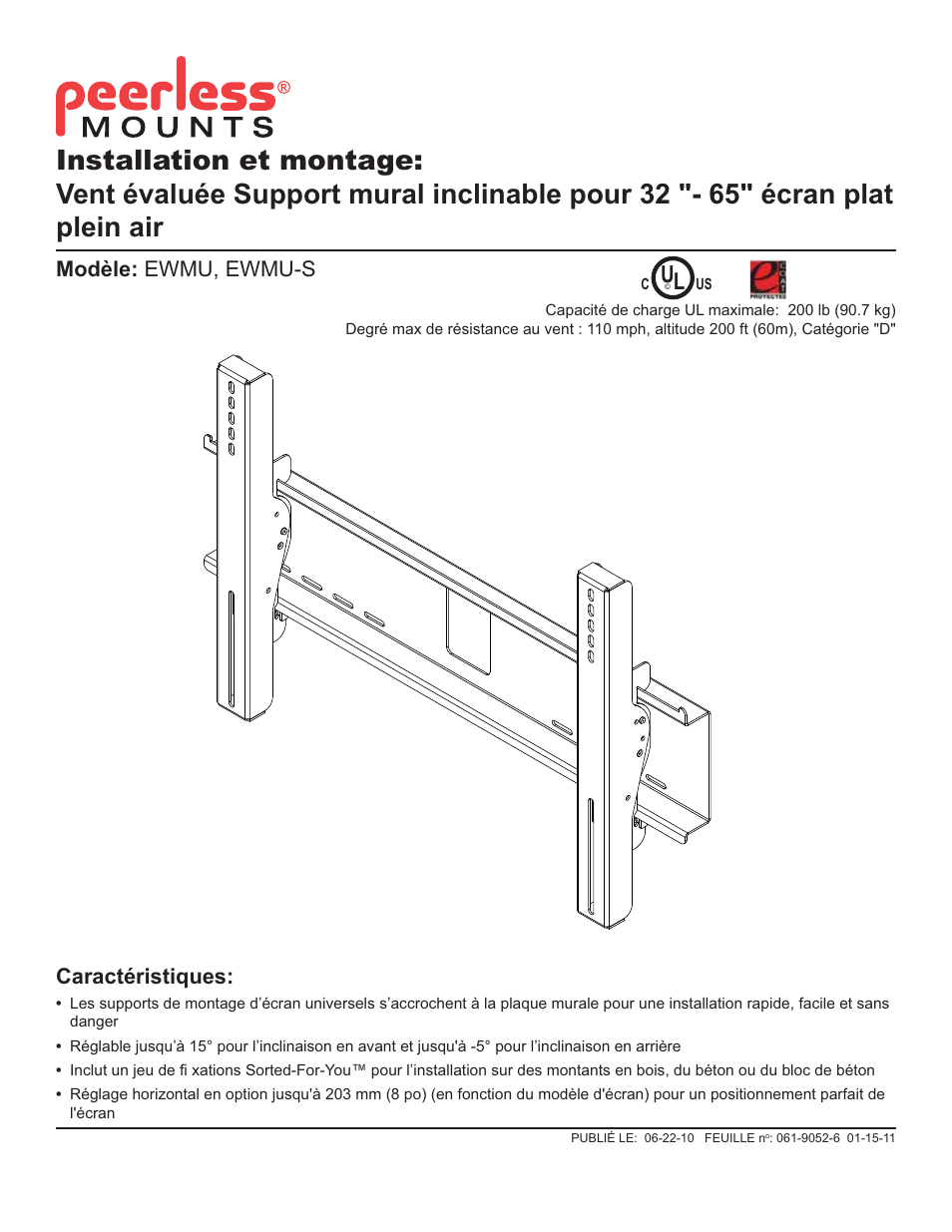 Caractéristiques, Modèle: ewmu, ewmu-s | Peerless-AV EWMU-S - Installation User Manual | Page 15 / 32