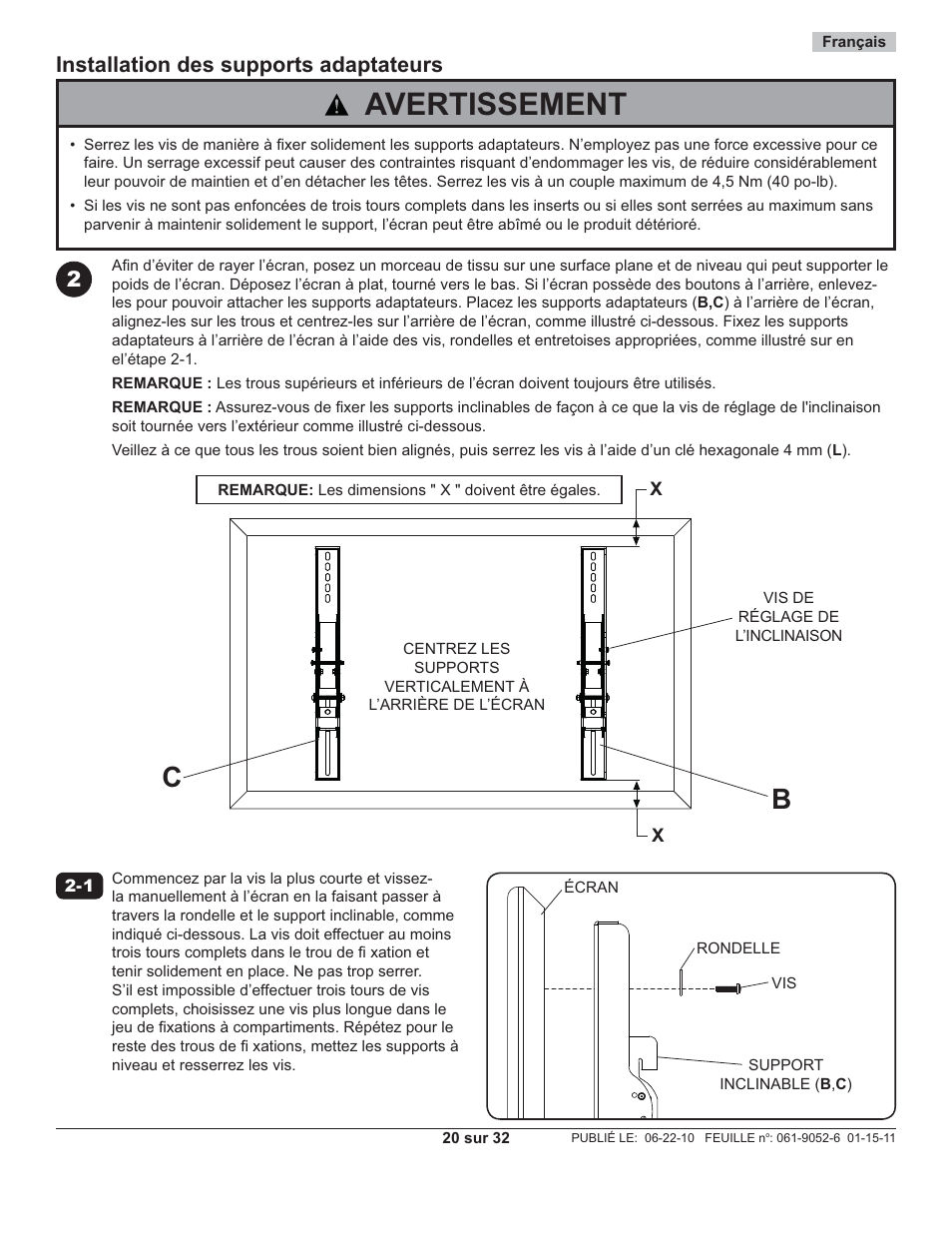 Avertissement, Installation des supports adaptateurs | Peerless-AV EWMU-S - Installation User Manual | Page 20 / 32
