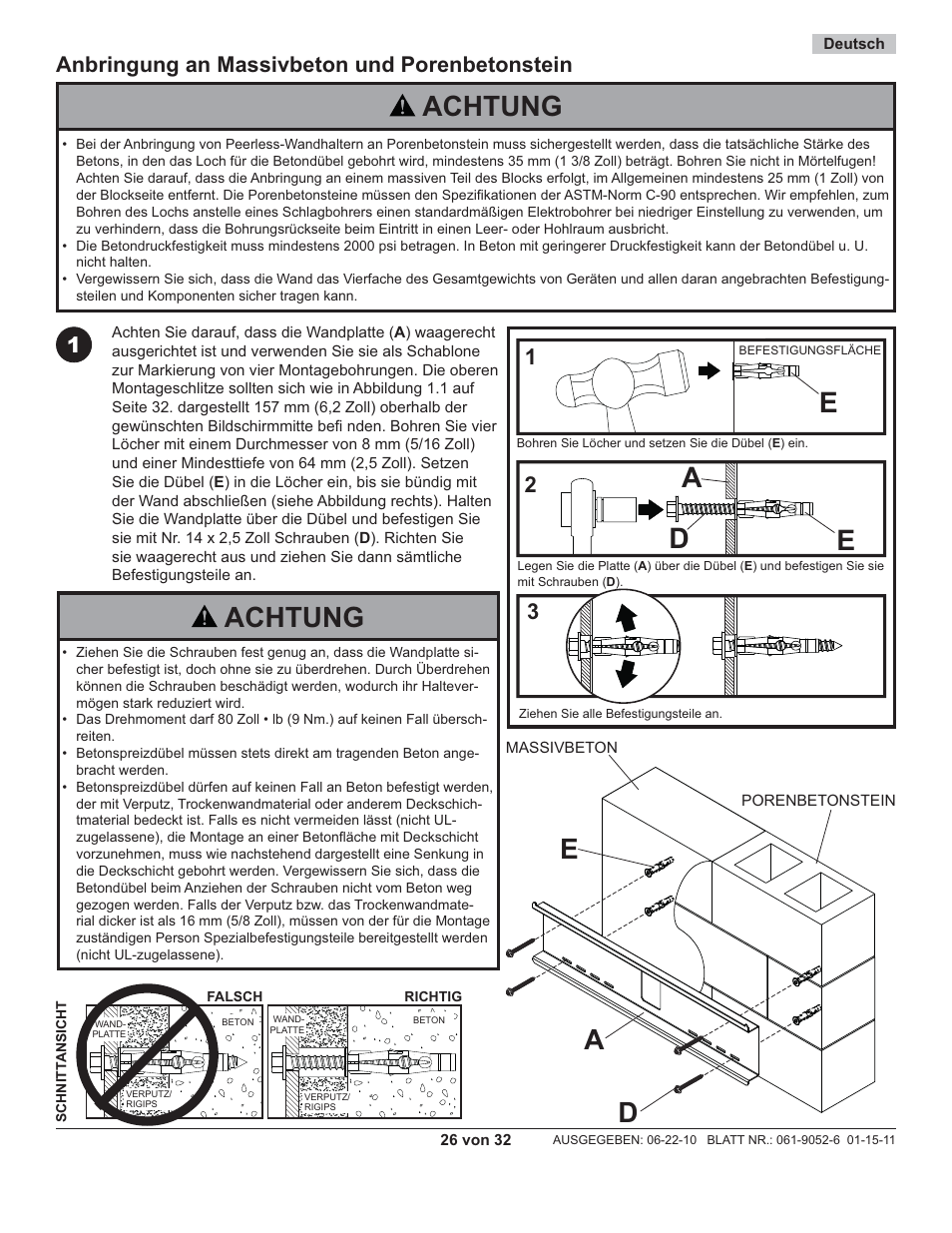 Ad e, Ae d, Achtung | Anbringung an massivbeton und porenbetonstein | Peerless-AV EWMU-S - Installation User Manual | Page 26 / 32