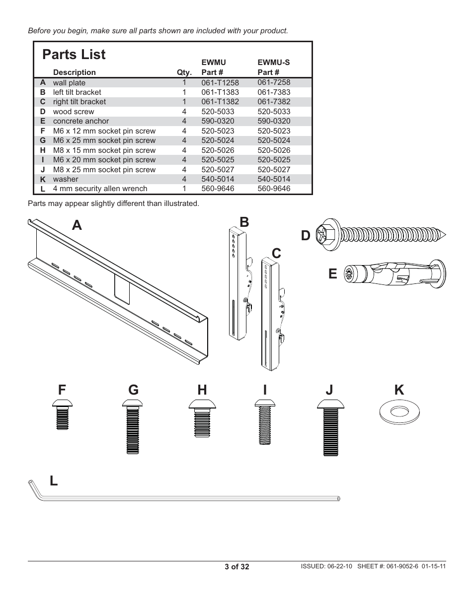 Parts list e | Peerless-AV EWMU-S - Installation User Manual | Page 3 / 32