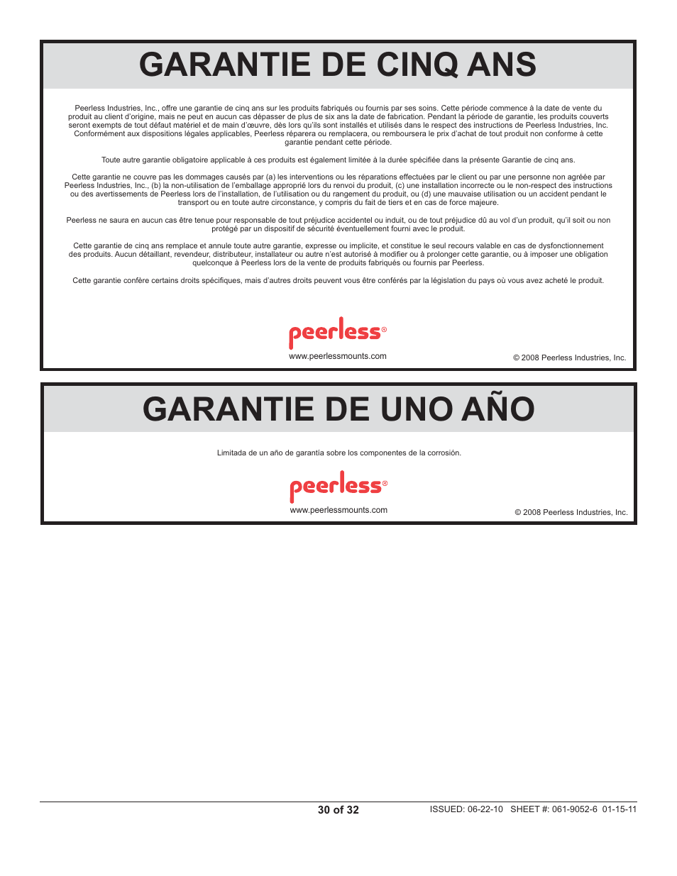 Garantie de uno año, Garantie de cinq ans | Peerless-AV EWMU-S - Installation User Manual | Page 30 / 32