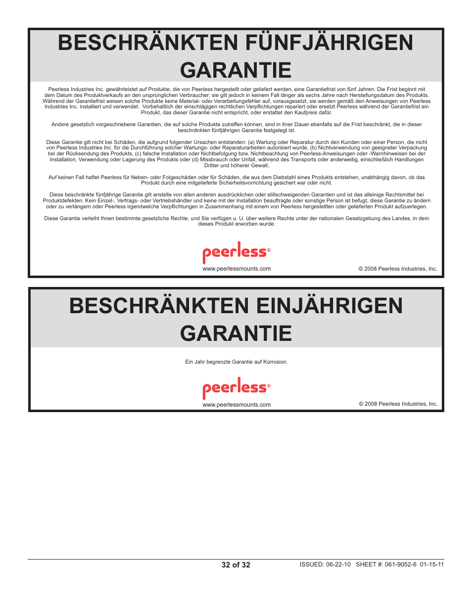 Beschränkten einjährigen garantie, Beschränkten fünfjährigen garantie | Peerless-AV EWMU-S - Installation User Manual | Page 32 / 32