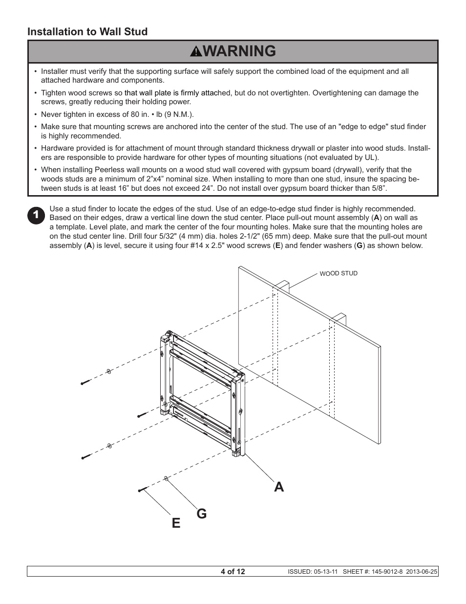 Warning, Installation to wall stud | Peerless-AV DS-VW765-POR - Installation User Manual | Page 4 / 12
