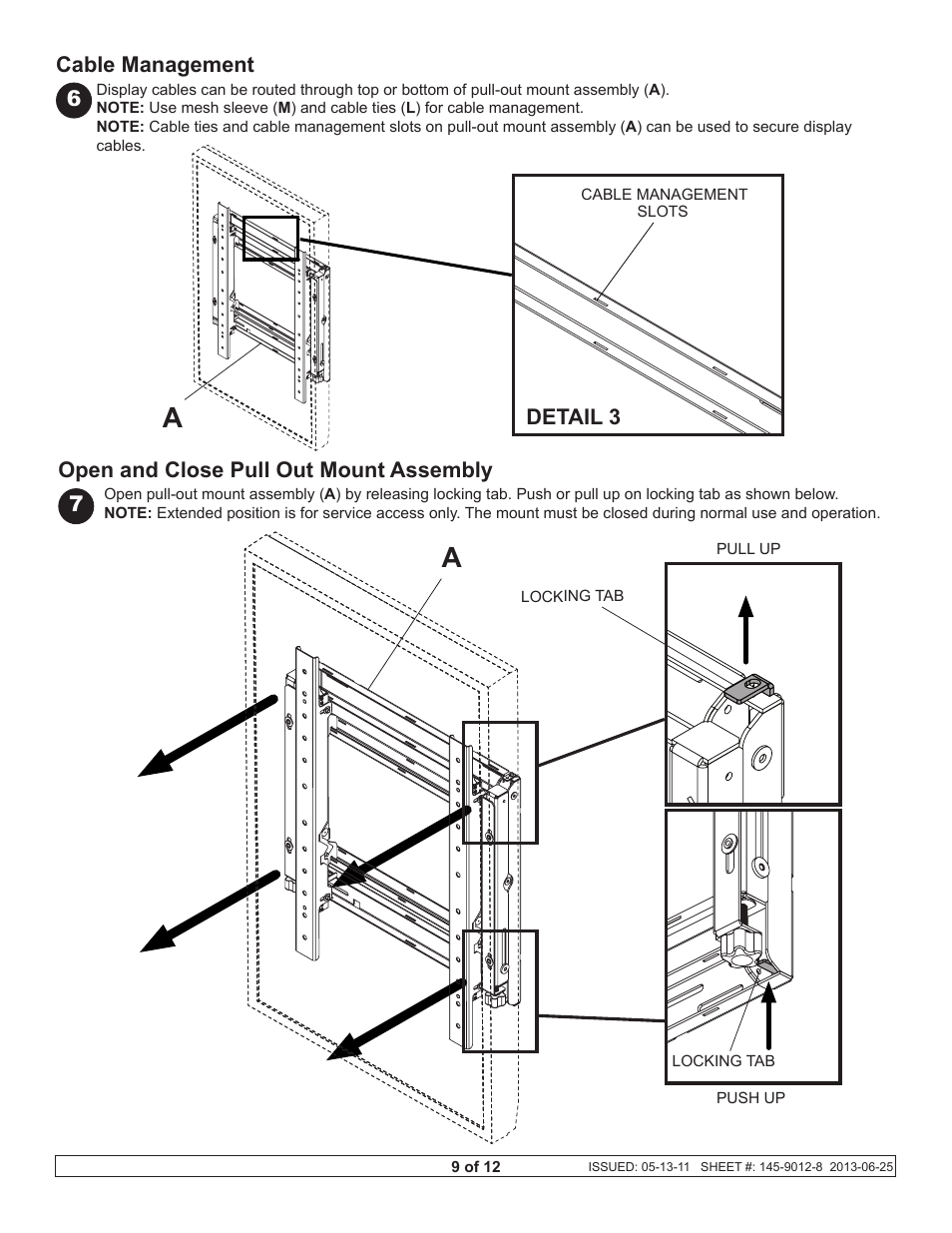 Open and close pull out mount assembly, Cable management detail 3 | Peerless-AV DS-VW765-POR - Installation User Manual | Page 9 / 12