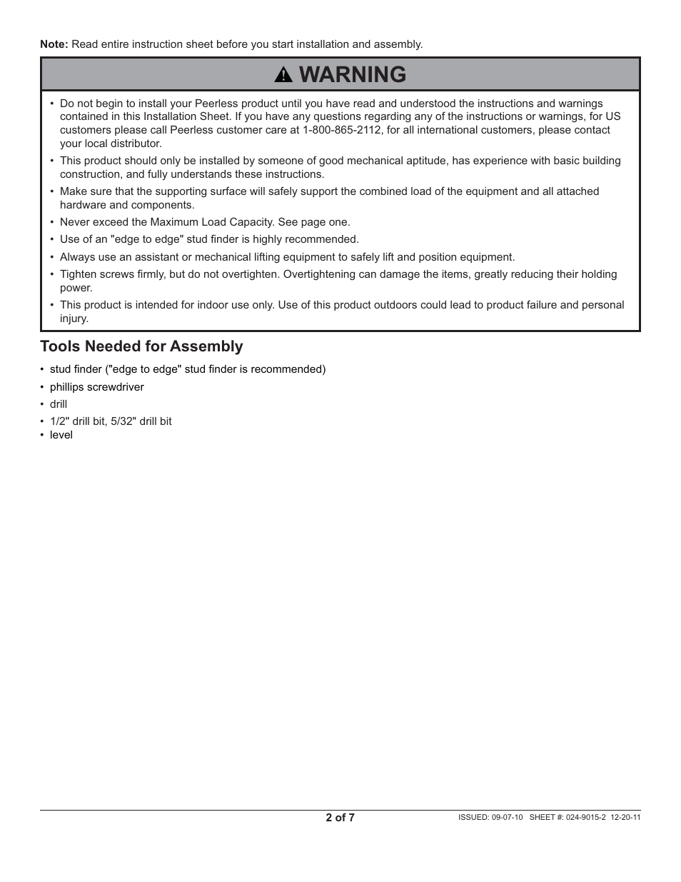 Warning, Tools needed for assembly | Peerless-AV WSP756 - Installation User Manual | Page 2 / 7
