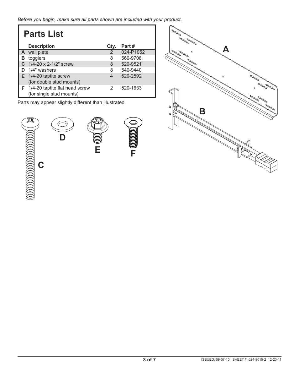 Parts list | Peerless-AV WSP756 - Installation User Manual | Page 3 / 7